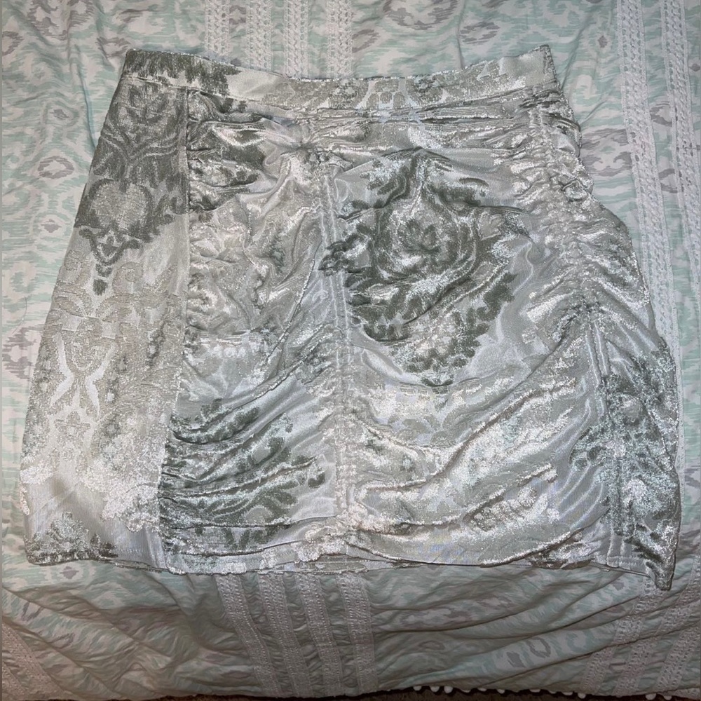 Urban Outfitters Silver Burnout Velvet Jacquard Ruched Mini Skirt.